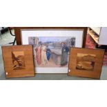 Two wooden inlaid pictures with another large print