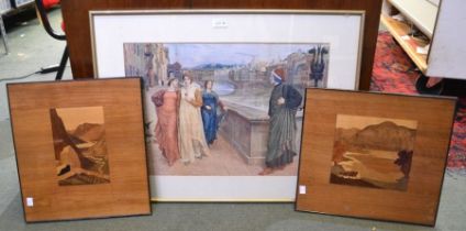 Two wooden inlaid pictures with another large print