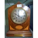 Edwardian inlaid mahogany mantel clock with presentation plaque and bell strike