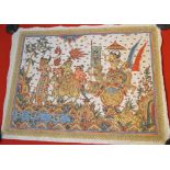 An unframed Balinese printed textile panel, depicts Gods in a chariot, 61cm x 81cm