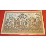 An unframed Balinese printed panel on fabric, depicts Gods & Figures in a stylised landscape, 48cm x