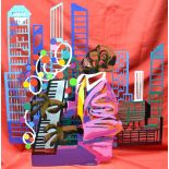 David Gerstein (b.1944), wall sculpture in coloured metal, "Piano Player", in pink jacket, triple la