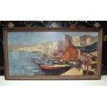 A 20th century colour print, "Mediterranean Harbour", 44cm x 90cm, framed