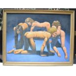 Guy Colwell, "Huan Centipede" (four figures on their hands and knees), oil painting on canvas, signe