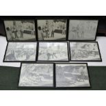 Guy Colwell, eight pencil drawing, depicting a nuclear attack on a city, each in ebonised frames, 2