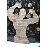 A cut out silhouette of Muhammad Ali, his fists in the air as a sign of victory, covered in imitatio