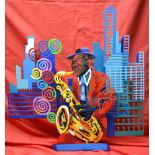 David Gerstein (b.1944), wall sculpture in coloured metal, "Saxophone Player", red jacket, triple la