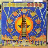 Painted glass panel frame from an early 20th century gaming machine, Ferris wheel decoration, 54cm s