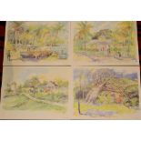 Patsy Fisher, four unframed coloured prints, "Mustique Scenes", 29cm x 38cm