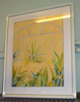 A LATE 20TH CENTURY MIXED MEDIA SEMI ABSTRACT STUDY of plants in a conservatory, approx 73cm x 56cm,