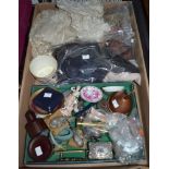 A tray containing vintage collectibles to include magnifying glass, china wares etc