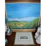 'Angela' oil on board of the Pyrenees and a J M Halliday print of London