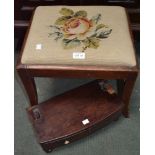 A wool-work top mahogany stool with later repairs with the drawers of a Victorian toilet mirror