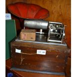 Antique wooden cased cylinder phonograph with horn and needle holder