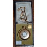 9ct gold hunter pocket watch with chain 116gms having a half soveriegn fob 1915