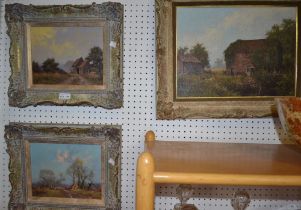 James Wright three 'country' landscapes oils on board with fancy aged frames