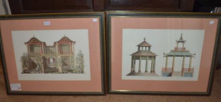 A pair of engravings of Chinese houses by Edward Rooker, mounted and framed