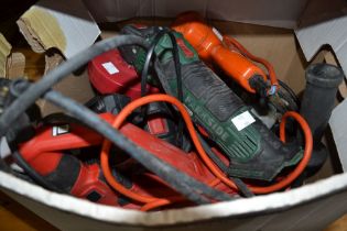 A box of corded and battery angle-grinders etc