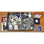 Vintage tin of costume jewellery and many watches and watch parts