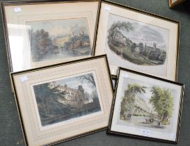 Five glazed and framed engravings of local scenes