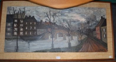 A mid-century continental oil on canvas - bridge over a river in an unknown town