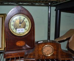 An Edwardian satin wood inlaid mantle clock with a smaller oak mantle clock