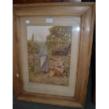 A print of Ladies with Hens in pine frame