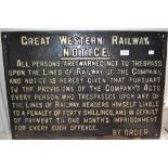 Great Western Railway cast iron Warning large sign
