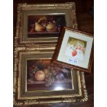 P Marcos two oils on board fruit still life's in gallery frames and a strawberry print