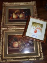 P Marcos two oils on board fruit still life's in gallery frames and a strawberry print