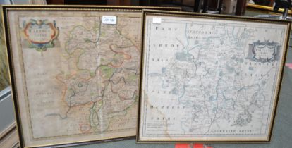 Robert Morden - coloured map of Warwickshire with a similar of Worcestershire glazed and framed
