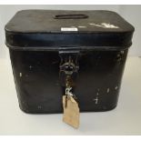 A rectangular metal deed box, with carrying handle, fitted padlock with key