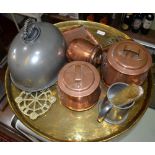 A large brass tray with various copper pans, brass & pewter wares