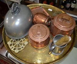 A large brass tray with various copper pans, brass & pewter wares