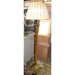 A pair of brass classical column floor lights with shades 118cm excluding fittings