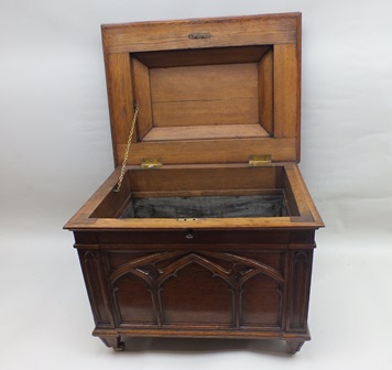 A Victorian oak Gothic Revival cellarette, having cavetto moulded caddy top, the front and sides mou - Image 2 of 12