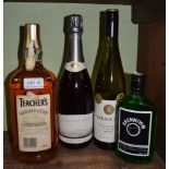 Bottle of Iceland Schnapps, bottle of Teachers whisky, bottle of Cloudy Bay & Reisling (4)