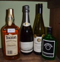 Bottle of Iceland Schnapps, bottle of Teachers whisky, bottle of Cloudy Bay & Reisling (4)