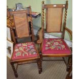 Six oak framed chairs with cane backs and tapestry seats