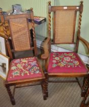 Six oak framed chairs with cane backs and tapestry seats