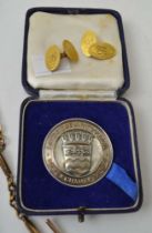 Pair 9ct gold cufflinks and a boxed HM silver medallion