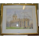 A watercolour by Margaret Layton RBSA of Birmingham cathedral, gilt frame and glazed