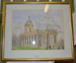 A watercolour by Margaret Layton RBSA of Birmingham cathedral, gilt frame and glazed