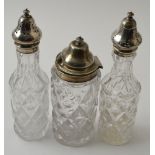 Waterhouse & Hatfield, three silver mounted glass cruet condiments, includes a lidded mustard, and t
