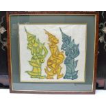 Balinese print, Three Dancers, framed, mounted & glazed, 46cm x 42cm