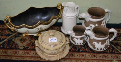 A Carltonware two handled bowl, a Royal Worcester Mask jug, a graduated set of three jugs & a Ridgew