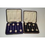 Two cased sets of six silver coffee bean handled spoons,Birmingham 1925, and 1927