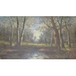 "S William" oil on board of woodland scene with figure, gilt framed and glazed