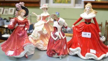 Three Royal Doulton figures and a similar Coalport example