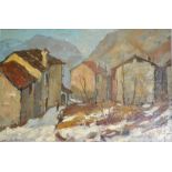 Mid 20th century oil on board study continental village in winter indistinctly signed